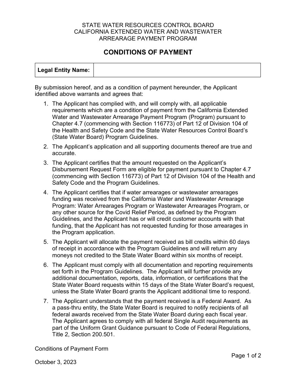 Conditions of Payment - California Extended Water and Wastewater Arrearage Payment Program - California, Page 1