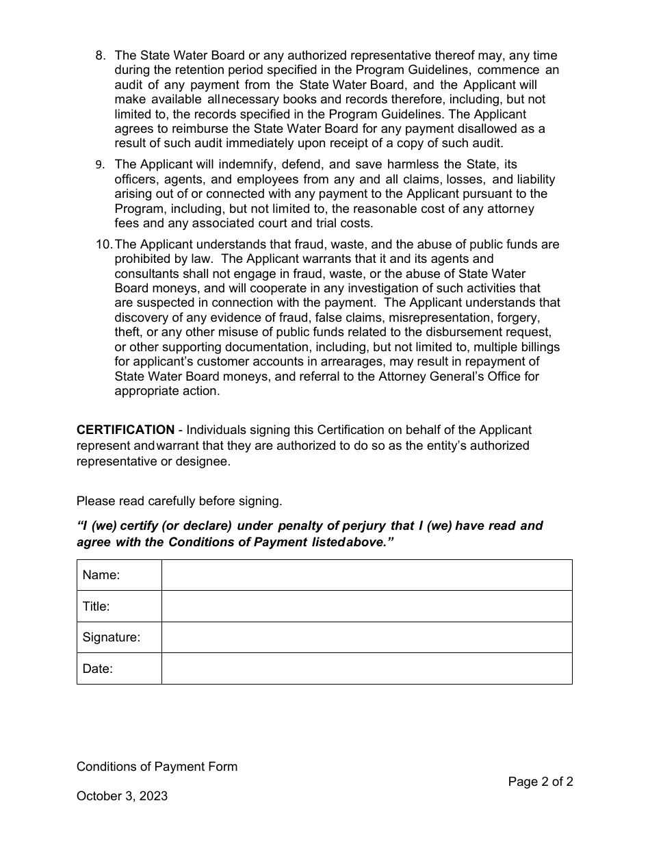 Conditions of Payment - California Extended Water and Wastewater Arrearage Payment Program - California, Page 2