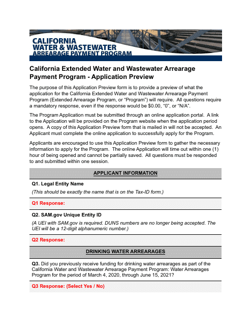 Application Preview - California Extended Water and Wastewater Arrearage Payment Program - California Download Pdf