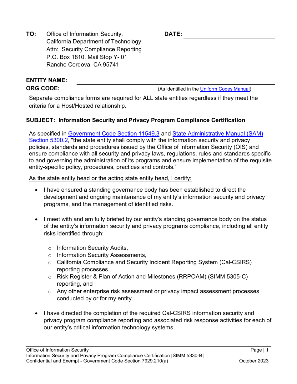 Form SIMM5330-B Information Security and Privacy Program Compliance Certification - California, Page 3