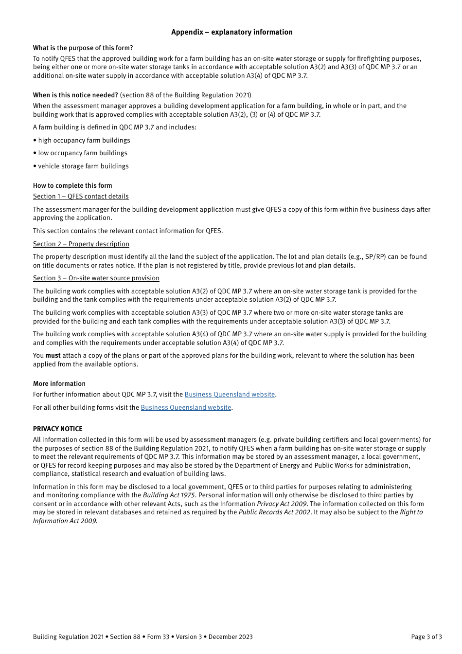 Form 33 Notice to Qfes of an on-Site Water Storage or Supply Under Queensland Development Code Mandatory Part 3.7 - Farm Buildings and Vehicle Storage Farm Sheds - Queensland, Australia, Page 3