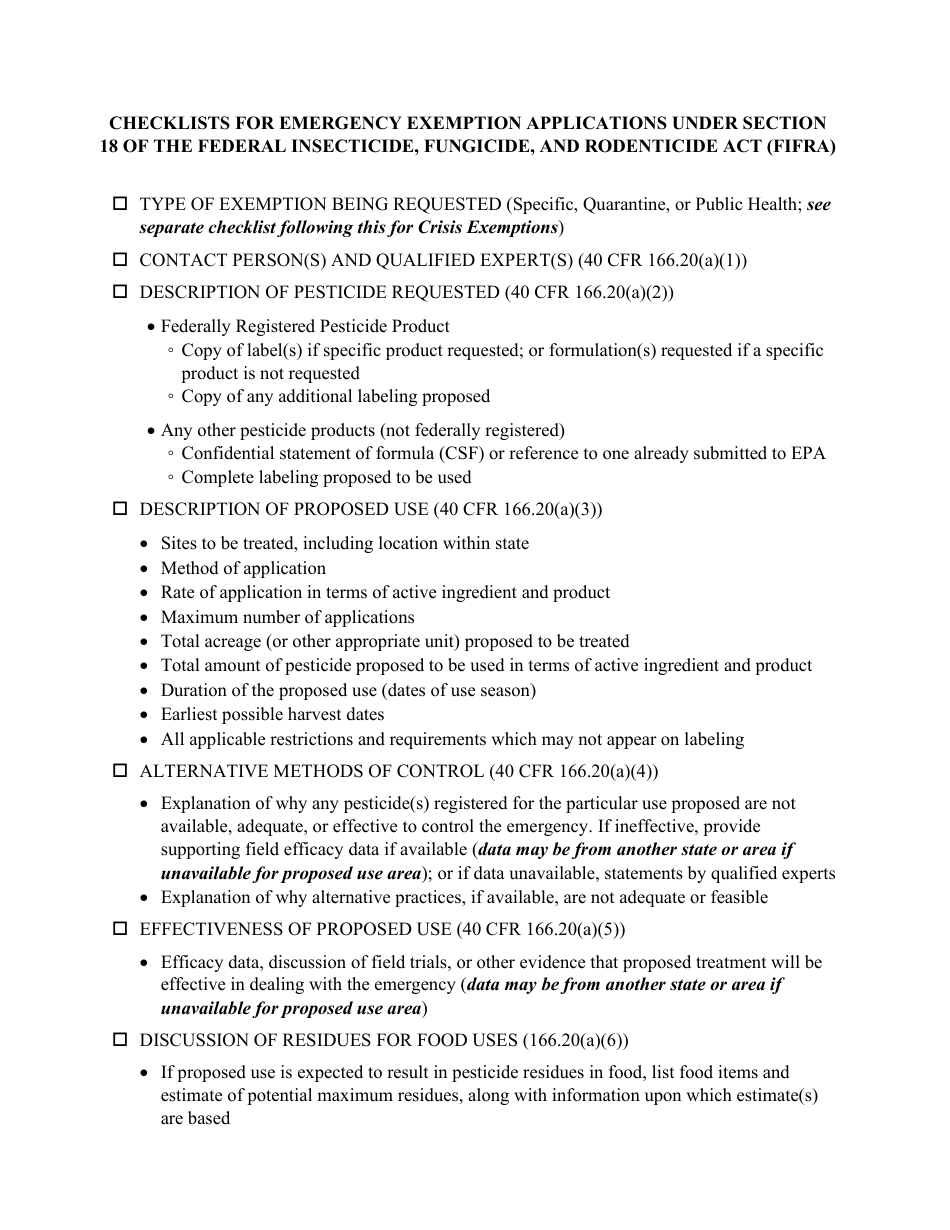 Checklists for Emergency Exemption Applications Under Section 18 of the Federal Insecticide, Fungicide, and Rodenticide Act (Fifra), Page 1
