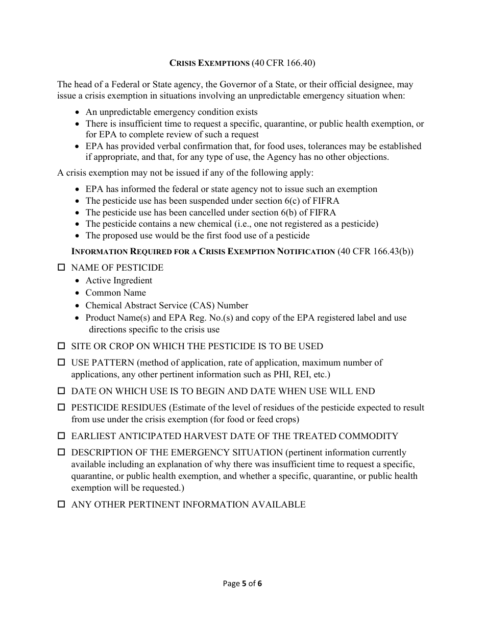 Checklists for Emergency Exemption Applications Under Section 18 of the Federal Insecticide, Fungicide, and Rodenticide Act (Fifra), Page 5