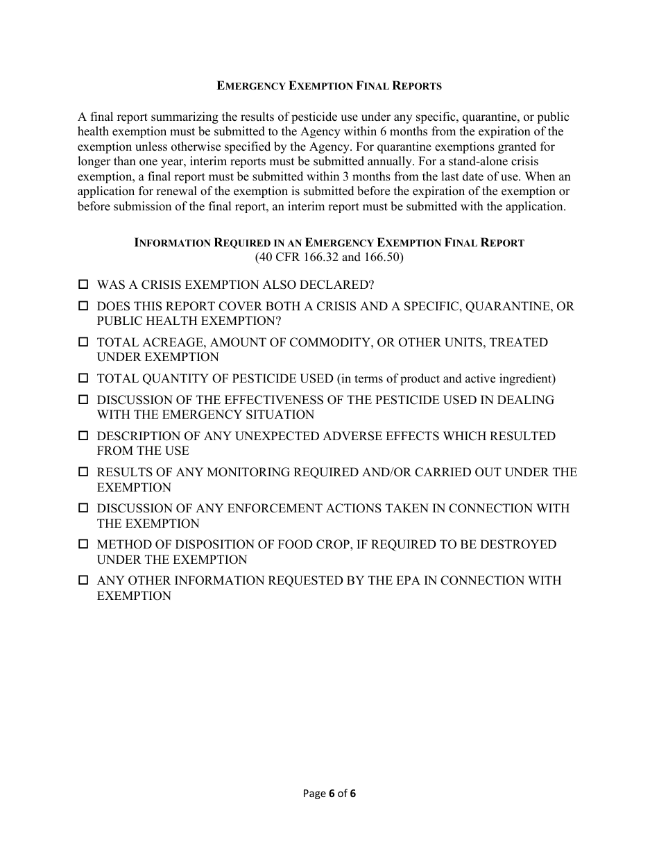 Checklists for Emergency Exemption Applications Under Section 18 of the Federal Insecticide, Fungicide, and Rodenticide Act (Fifra), Page 6