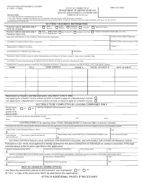 Form K-7 Application for Business License - Connecticut