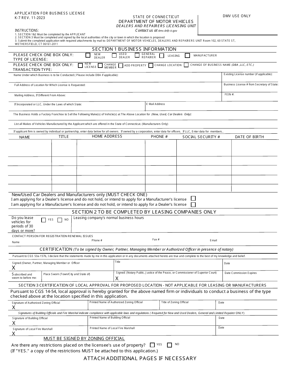 Form K7 Download Fillable PDF or Fill Online Application for Business