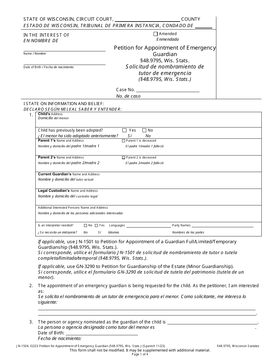 Form JN-1504 Petition for Appointment of Emergency Guardian - Wisconsin (English / Spanish), Page 1