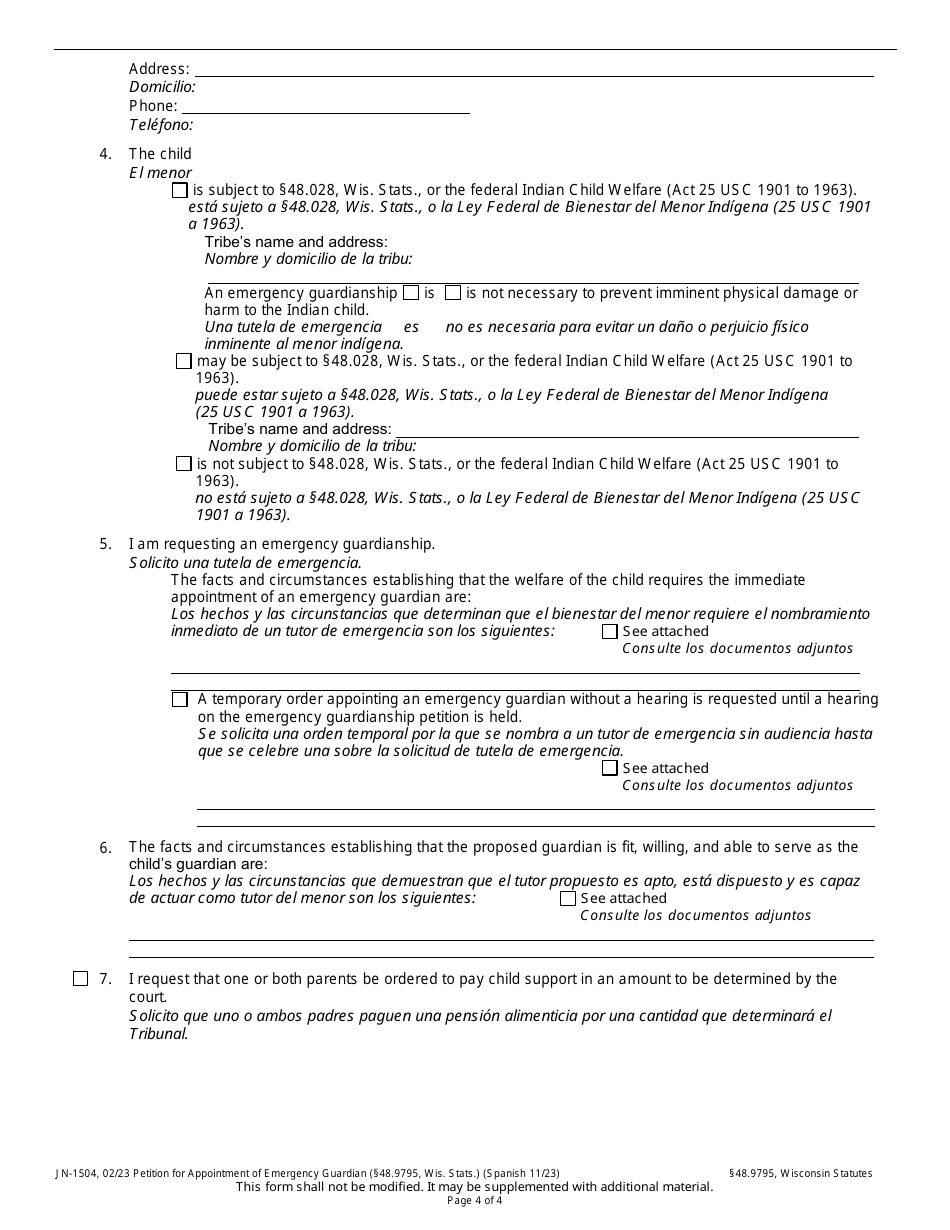 Form JN-1504 Petition for Appointment of Emergency Guardian - Wisconsin (English / Spanish), Page 2