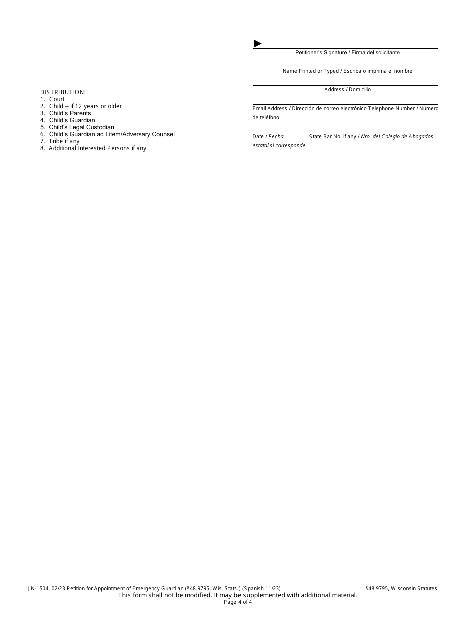 Form JN-1504 Petition for Appointment of Emergency Guardian - Wisconsin (English / Spanish), Page 4