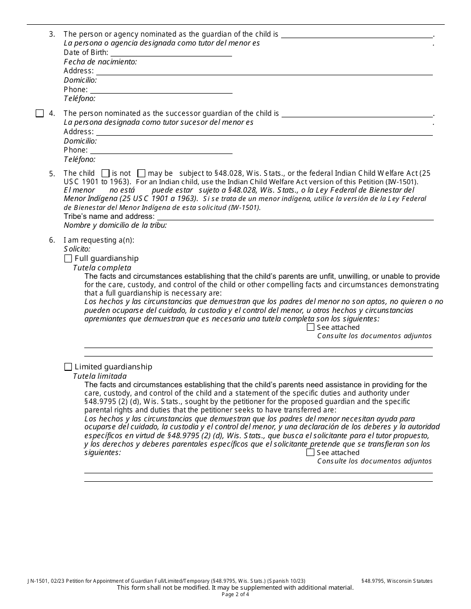 Form JN-1501 Petition for Appointment of Guardian - Wisconsin (English / Spanish), Page 2