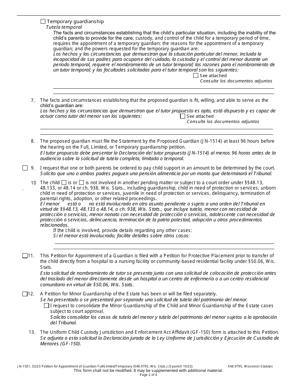 Form JN-1501 Petition for Appointment of Guardian - Wisconsin (English / Spanish), Page 3