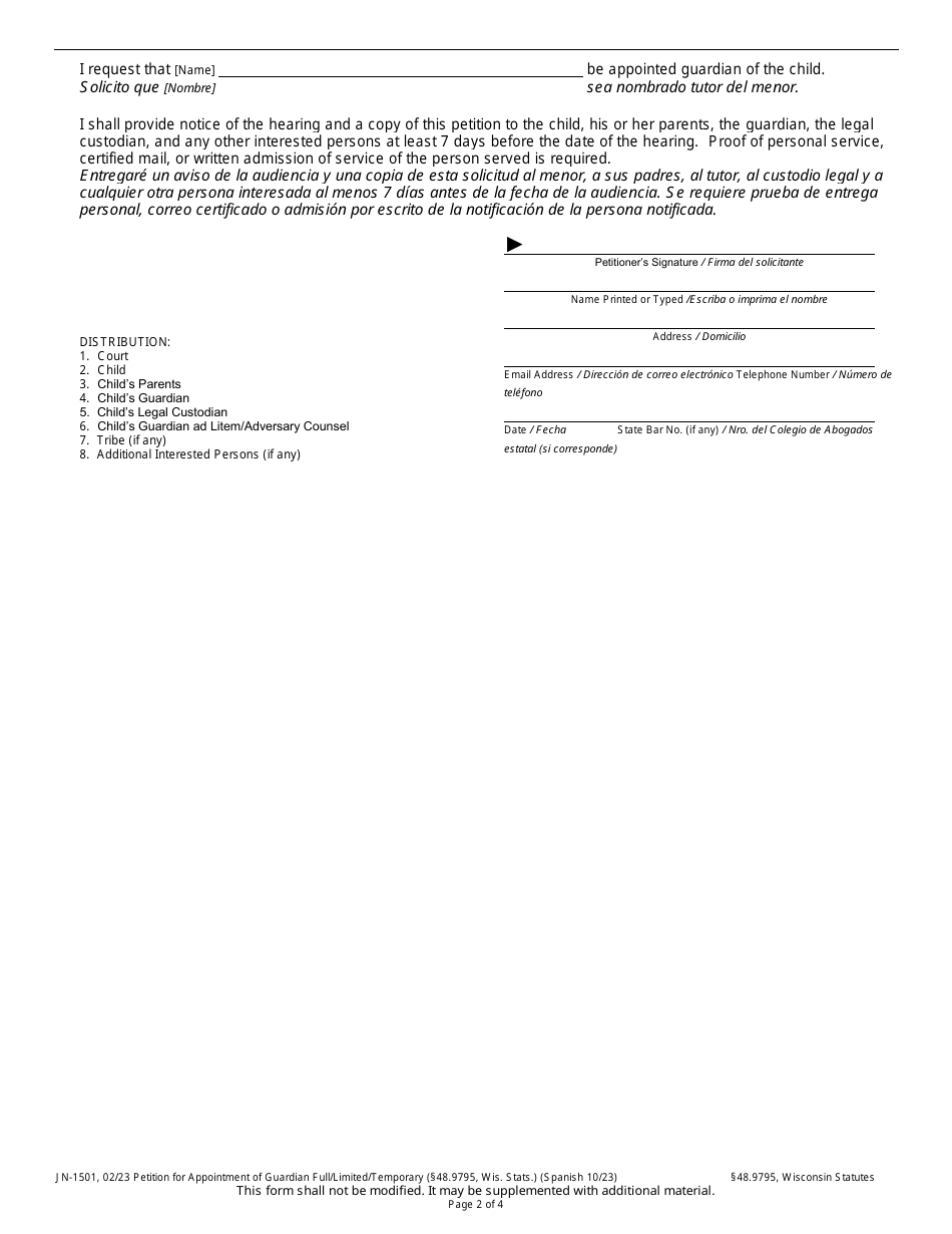 Form JN-1501 Petition for Appointment of Guardian - Wisconsin (English / Spanish), Page 4