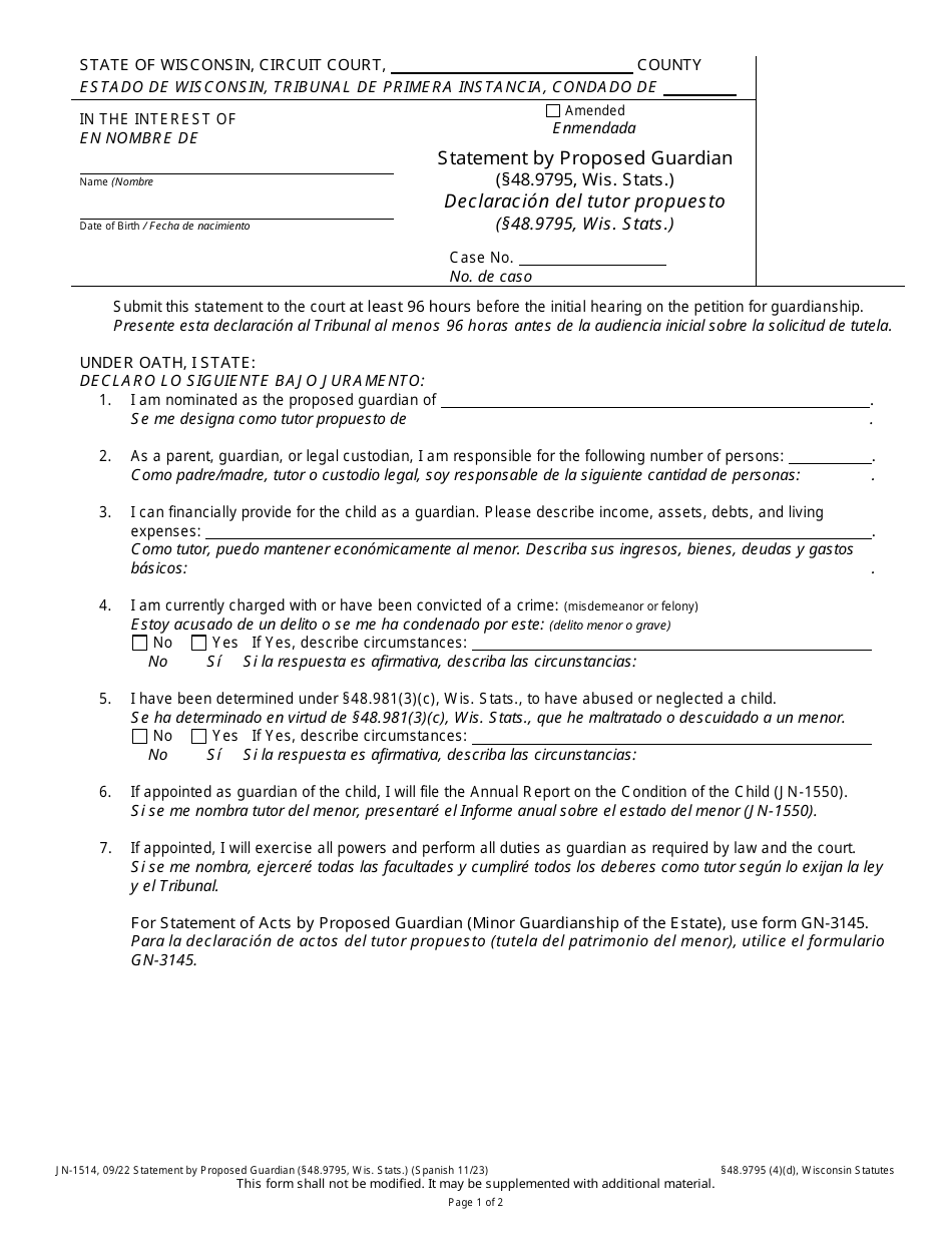 Form JN-1514 Statement by Proposed Guardian - Wisconsin (English / Spanish), Page 1