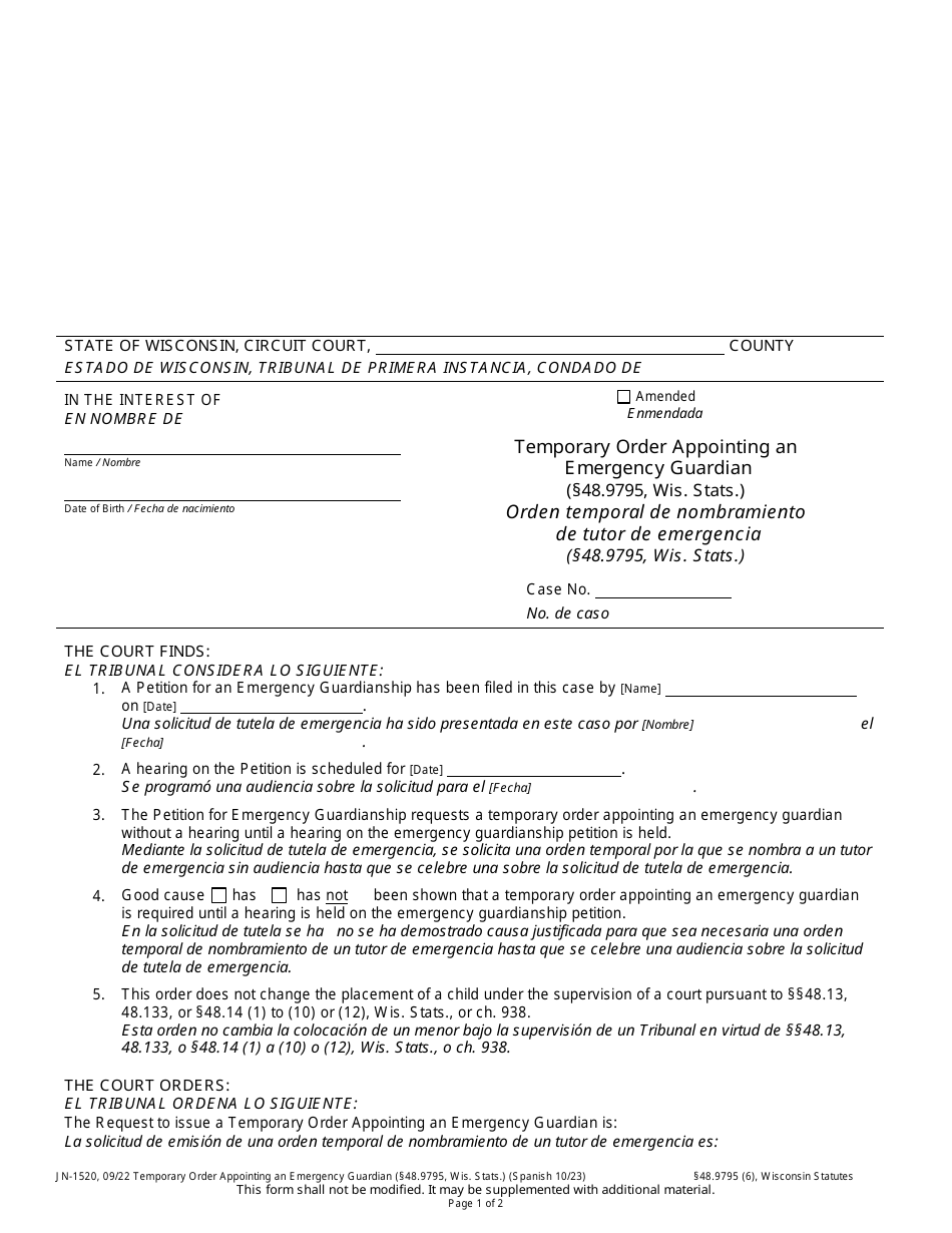 Form JN-1520 Temporary Order Appointing an Emergency Guardian - Wisconsin (English / Spanish), Page 1