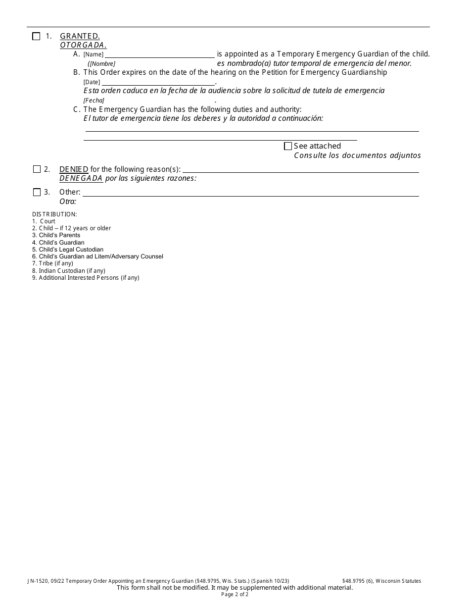 Form JN-1520 Temporary Order Appointing an Emergency Guardian - Wisconsin (English / Spanish), Page 2