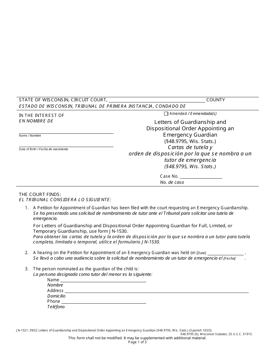 Form JN-1521 Letters of Guardianship and Dispositional Order Appointing an Emergency Guardian - Wisconsin (English / Spanish), Page 1