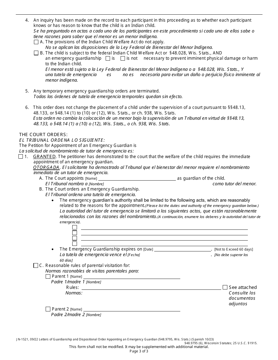 Form JN-1521 Letters of Guardianship and Dispositional Order Appointing an Emergency Guardian - Wisconsin (English / Spanish), Page 2