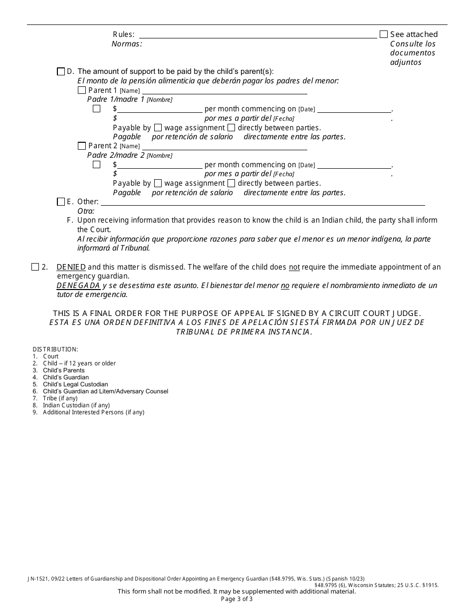Form JN-1521 Letters of Guardianship and Dispositional Order Appointing an Emergency Guardian - Wisconsin (English / Spanish), Page 3