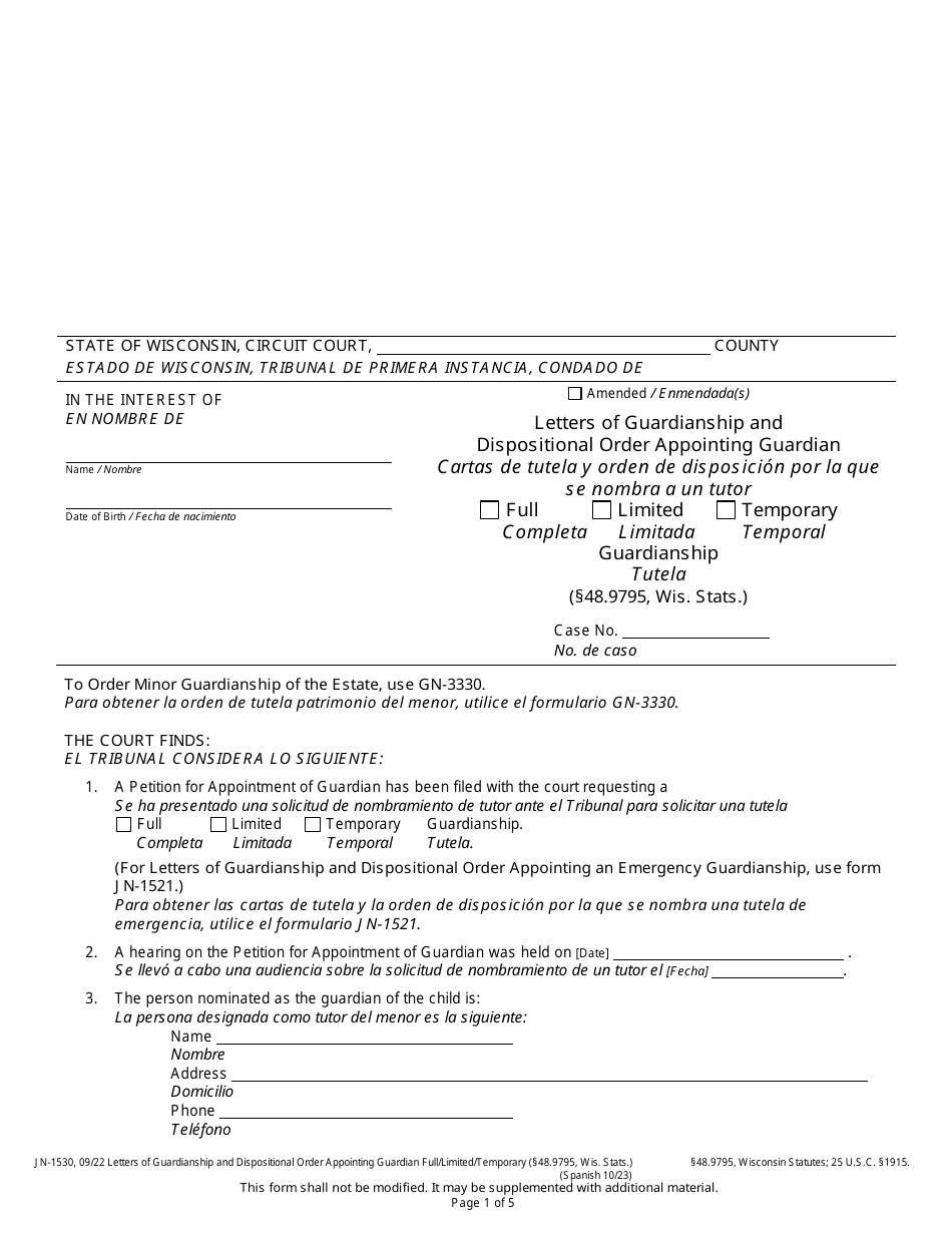 Form JN-1530 Letters of Guardianship and Dispositional Order Appointing Guardian - Wisconsin (English / Spanish), Page 1