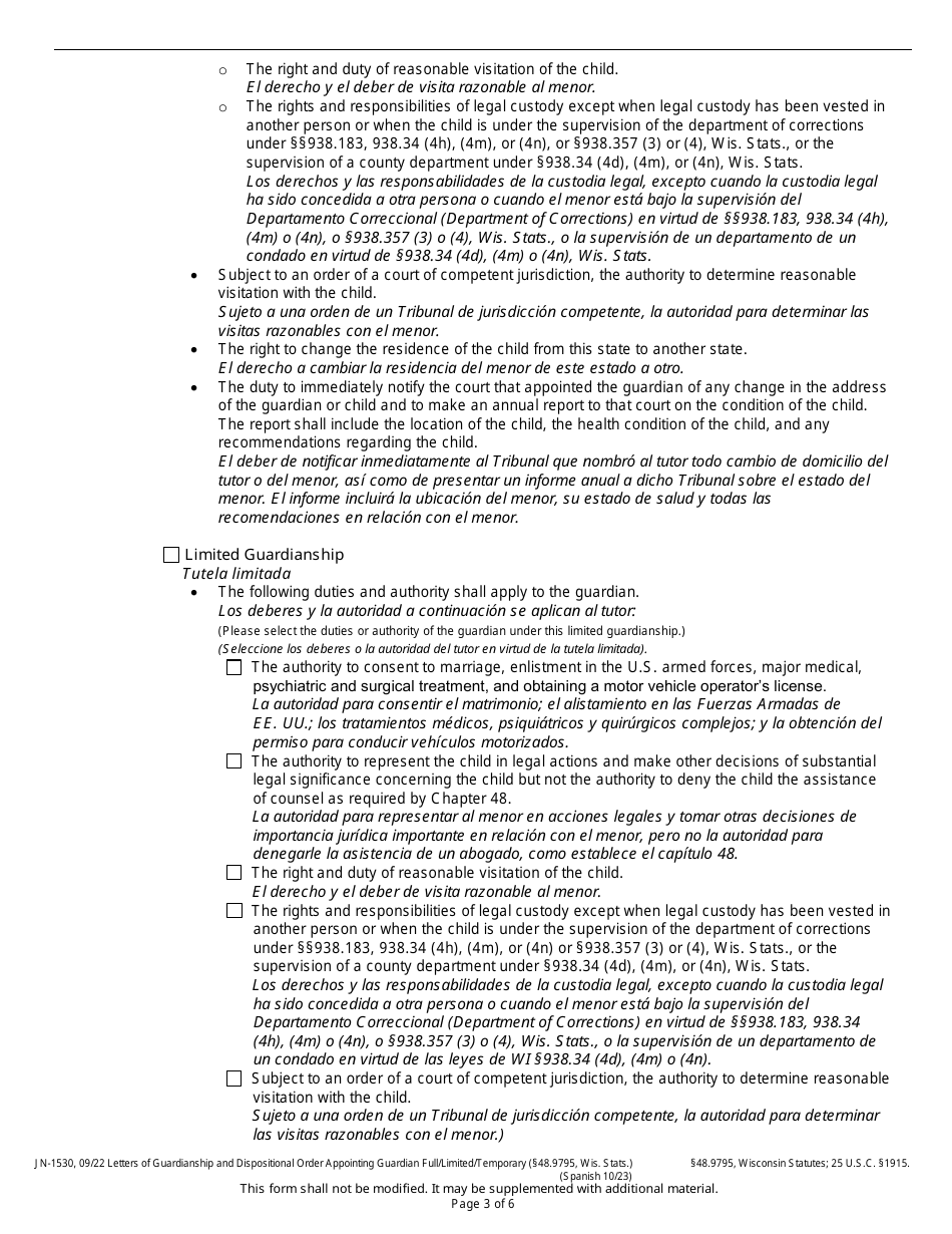 Form JN-1530 Letters of Guardianship and Dispositional Order Appointing Guardian - Wisconsin (English / Spanish), Page 3