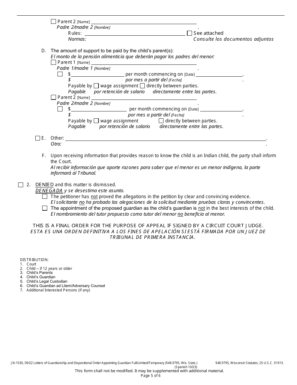 Form JN-1530 Letters of Guardianship and Dispositional Order Appointing Guardian - Wisconsin (English / Spanish), Page 5