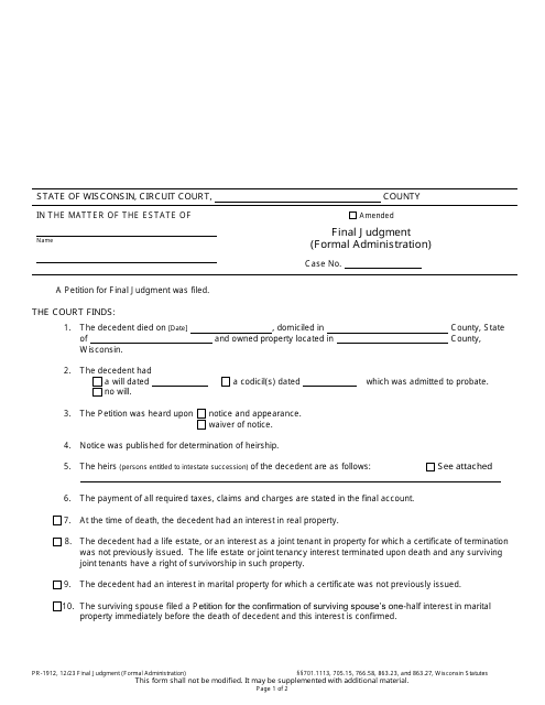 Form PR-1912 Final Judgment (Formal Administration) - Wisconsin