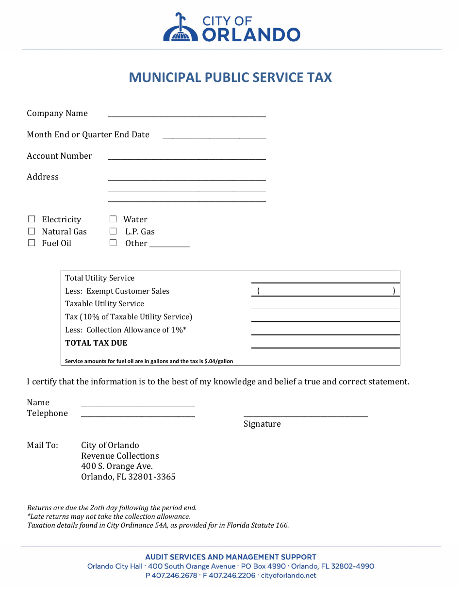 Municipal Public Service Provider Tax Form - City of Orlando, Florida, Page 1
