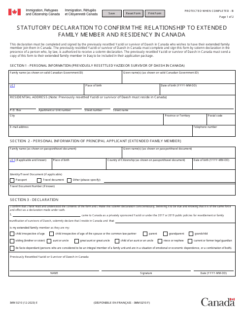 Form IMM0210 Statutory Declaration to Confirm the Relationship to Extended Family Member and Residency in Canada - Canada