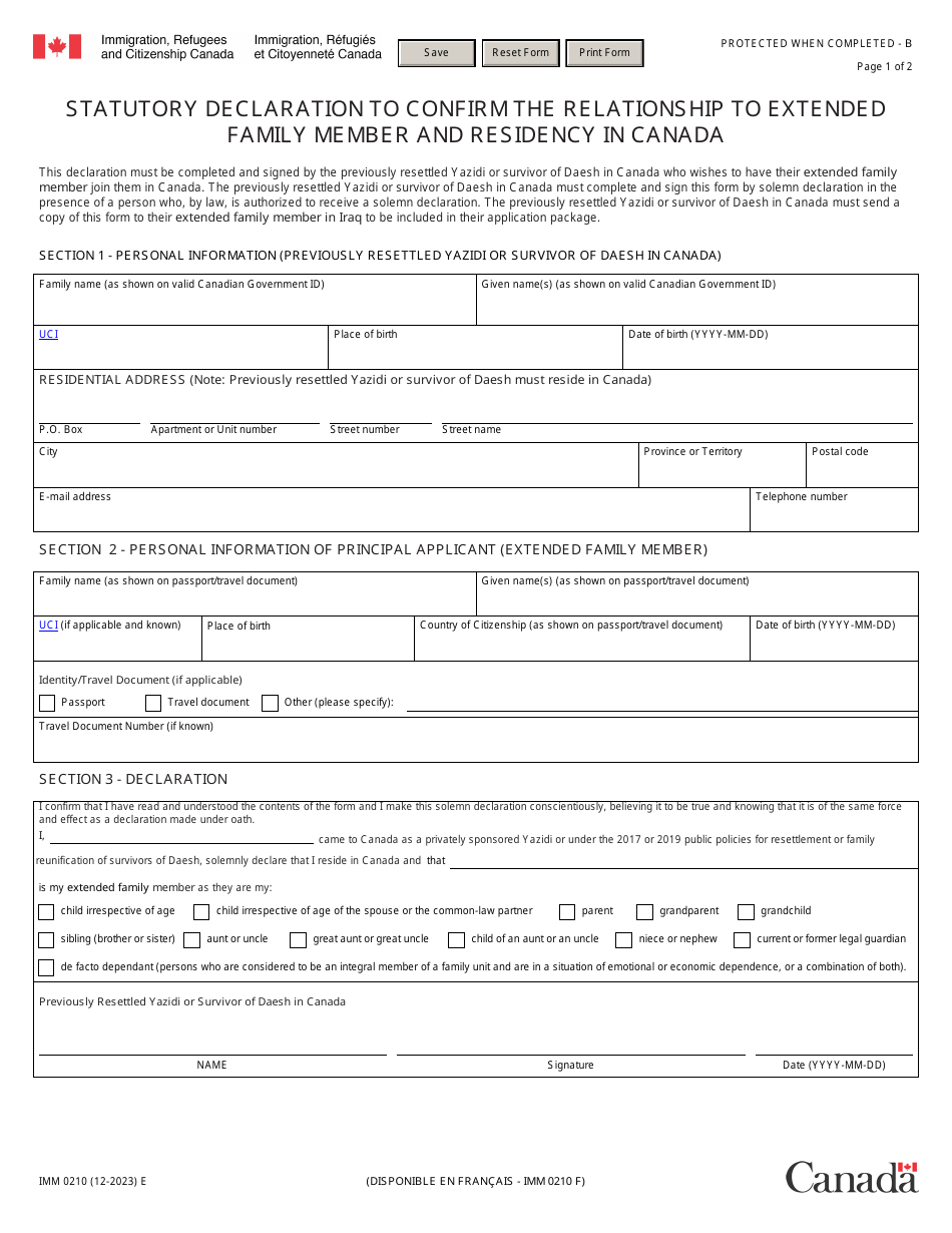 Form IMM0210 Statutory Declaration to Confirm the Relationship to Extended Family Member and Residency in Canada - Canada, Page 1