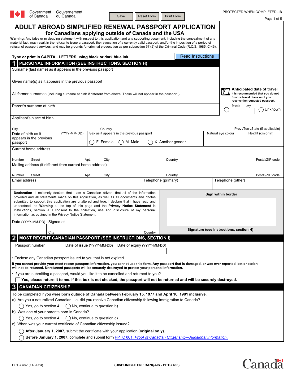 Form PPTC482 Adult Abroad Simplified Renewal Passport Application for Canadians Applying Outside of Canada and the Usa - Canada, Page 1