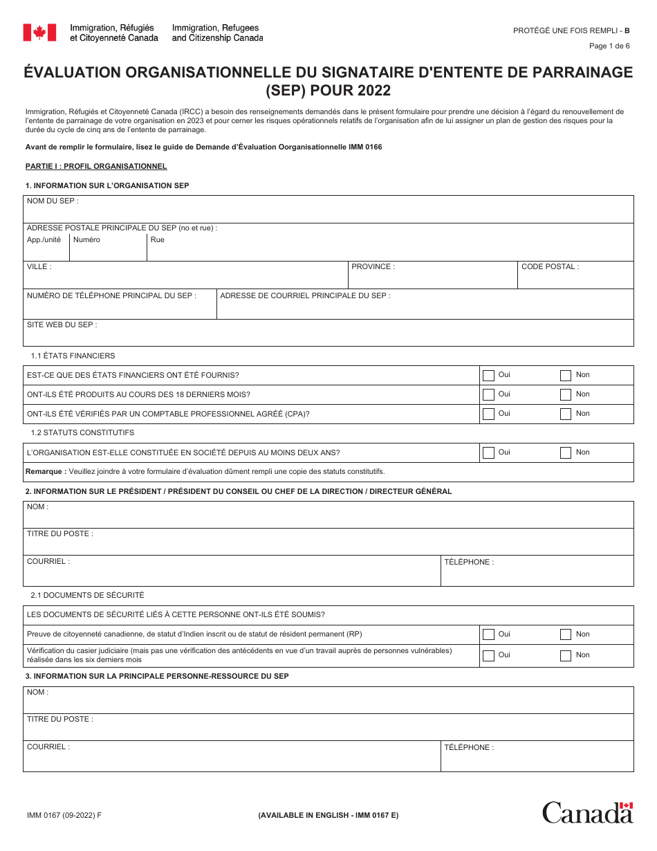 Forme IMM0167 Evaluation Organisationnelle Du Signataire Dentente De Parrainage (Sep) - Canada (French), Page 1