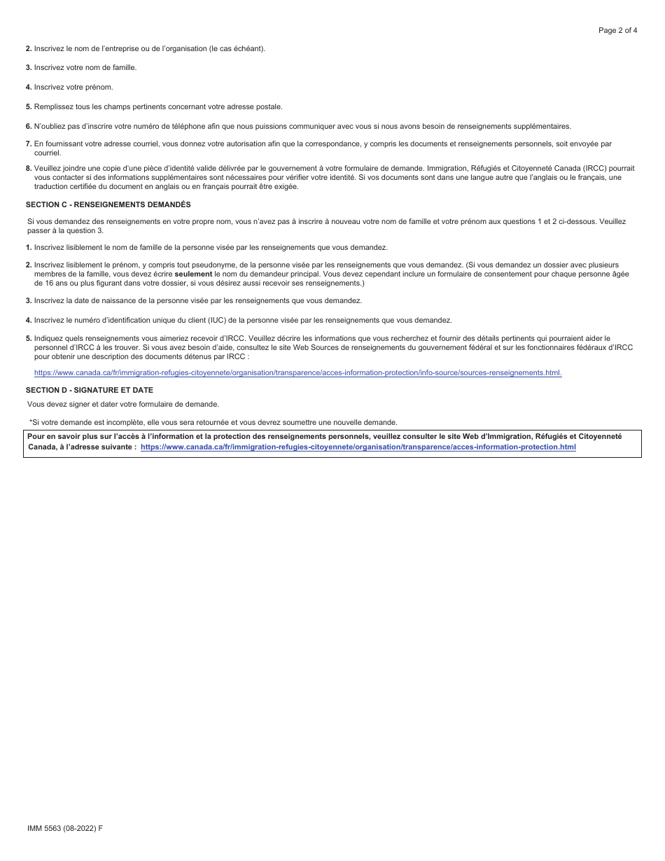 Forme IMM5563 Demande Dacces a Linformation Et a DES Renseignements Personnels - Canada (French), Page 2