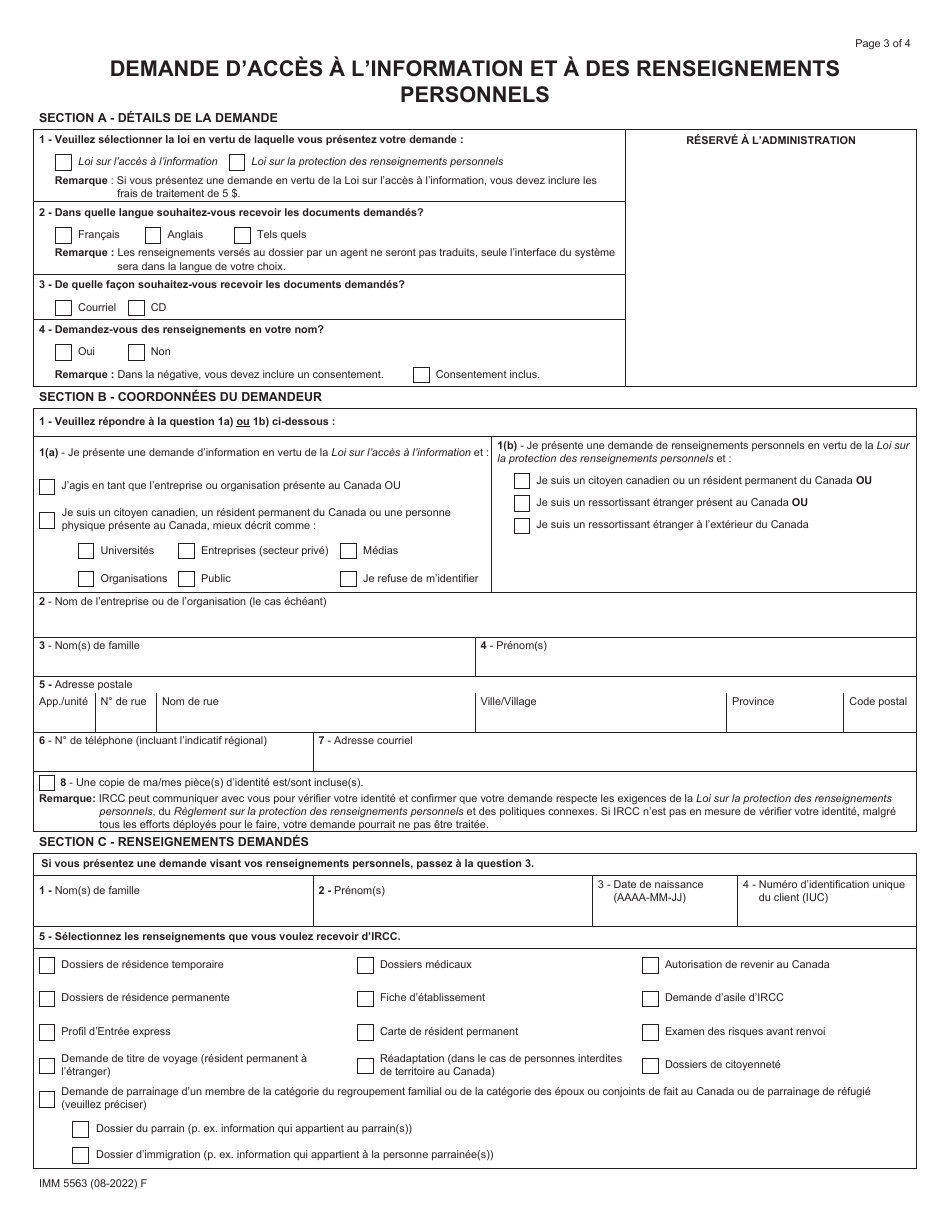 Forme IMM5563 Demande Dacces a Linformation Et a DES Renseignements Personnels - Canada (French), Page 3