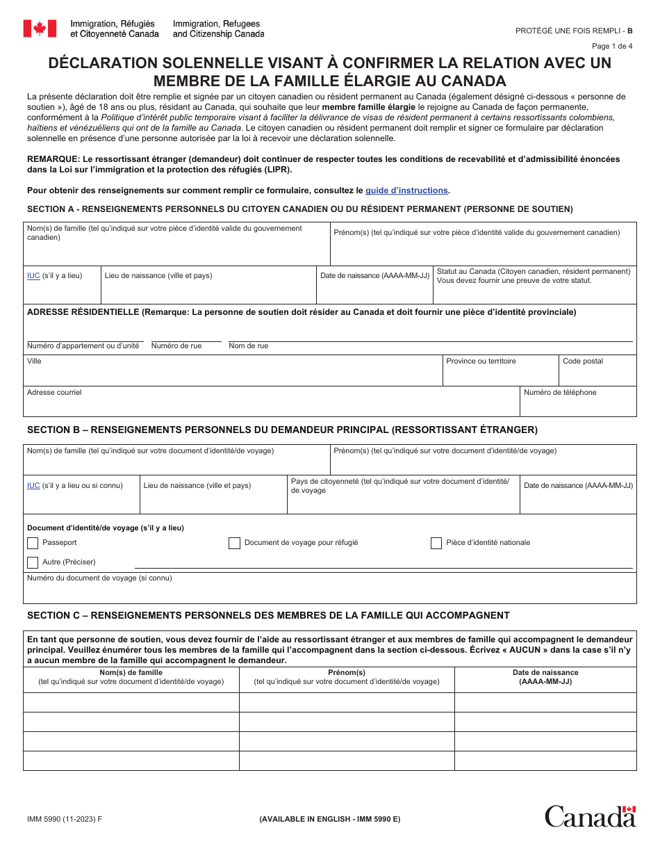 Forme IMM5990 Declaration Solennelle Visant a Confirmer La Relation Avec Un Membre De La Famille Elargie Au Canada - Canada (French), Page 1
