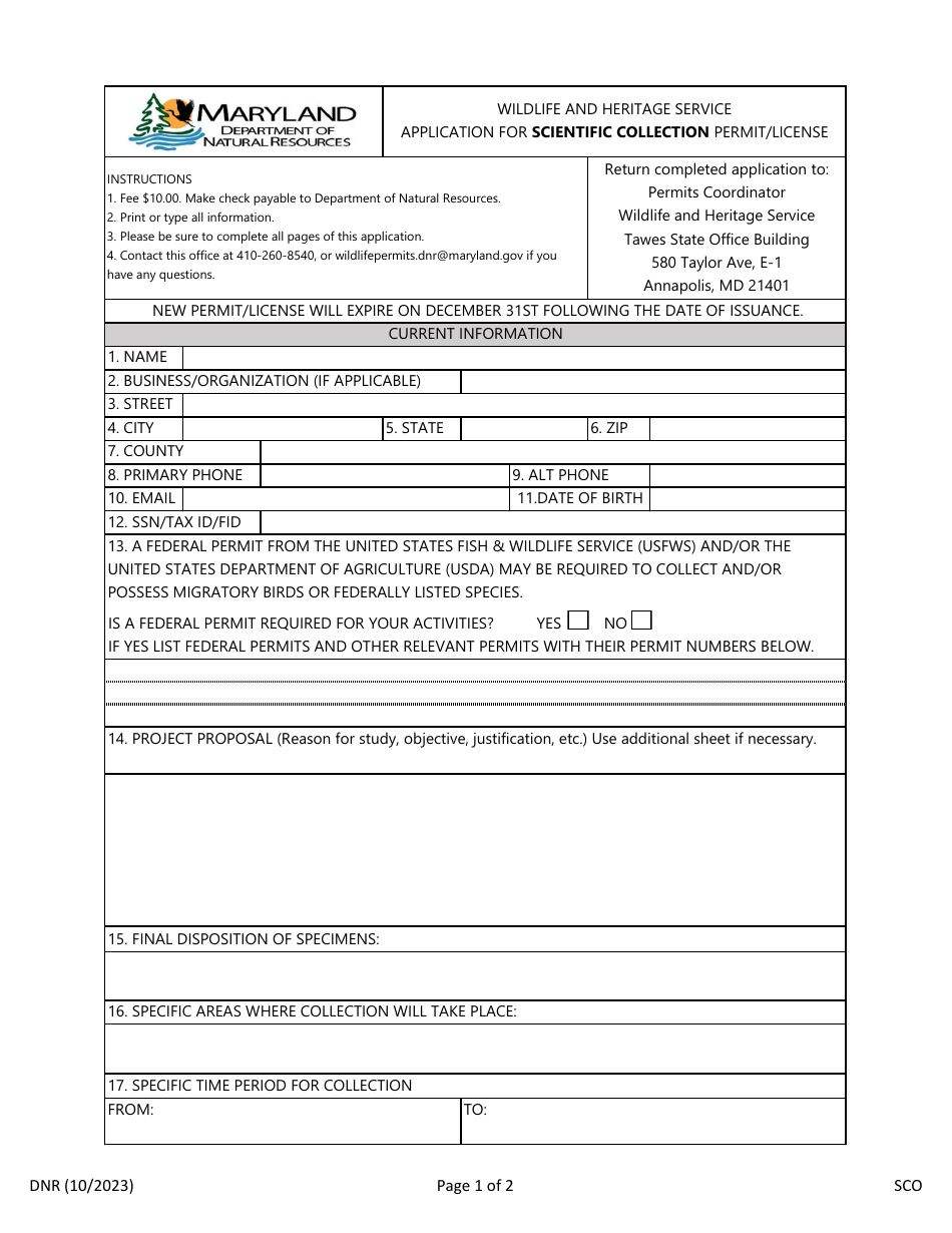 Application for Scientific Collection Permit / License - Maryland, Page 1