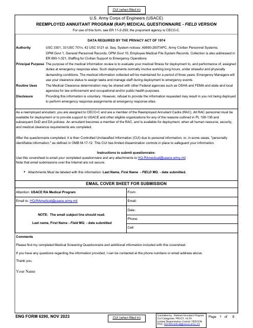 ENG Form 6290 Reemployed Annuitant Program (Rap) Medical Questionnaire - Field Version