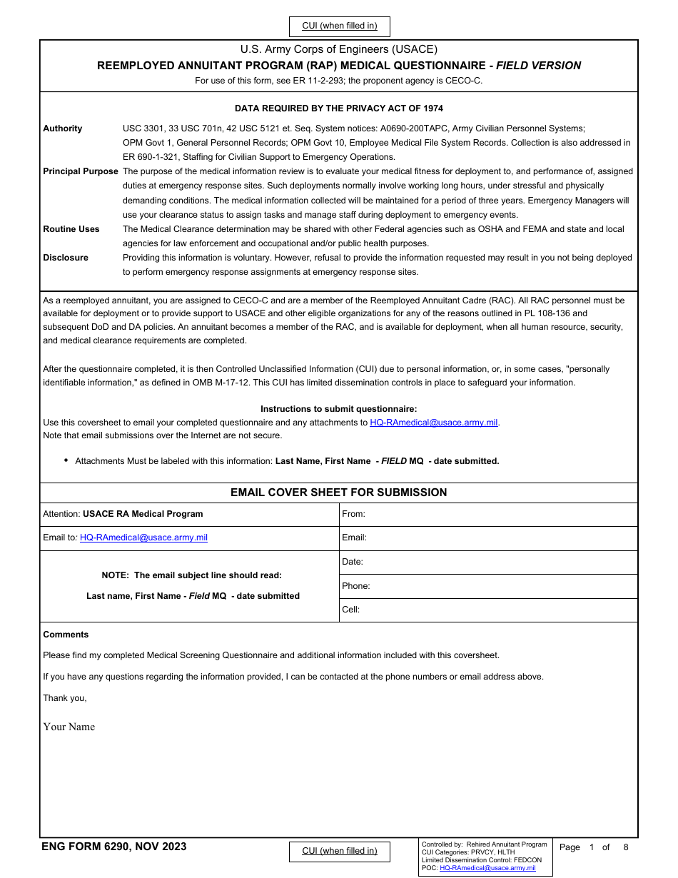 ENG Form 6290 Reemployed Annuitant Program (Rap) Medical Questionnaire - Field Version, Page 1
