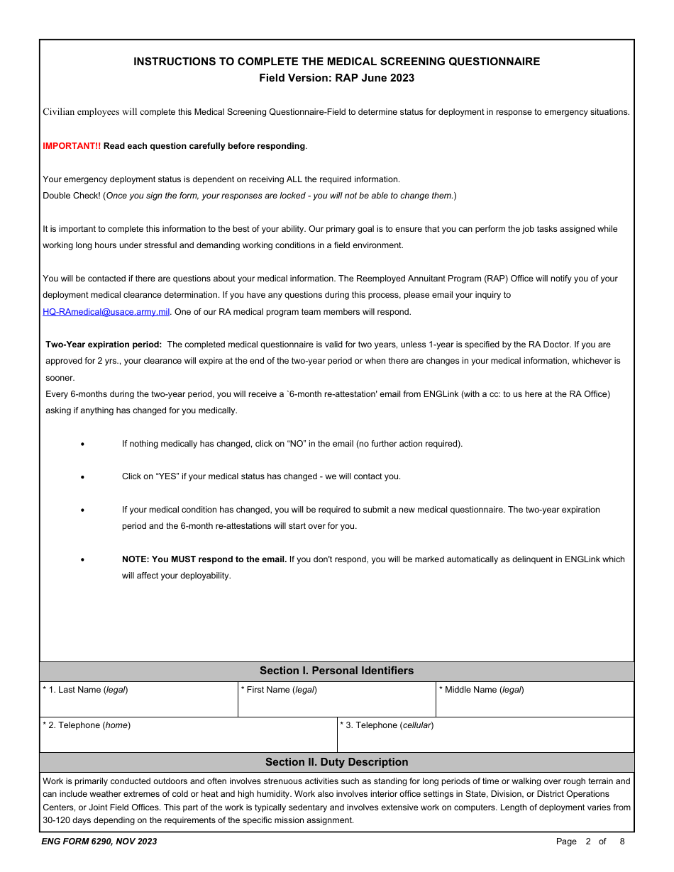 ENG Form 6290 Reemployed Annuitant Program (Rap) Medical Questionnaire - Field Version, Page 2