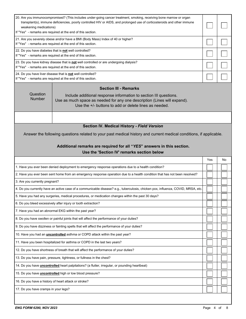 ENG Form 6290 Reemployed Annuitant Program (Rap) Medical Questionnaire - Field Version, Page 4
