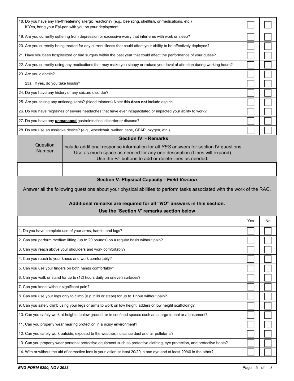 ENG Form 6290 Reemployed Annuitant Program (Rap) Medical Questionnaire - Field Version, Page 5
