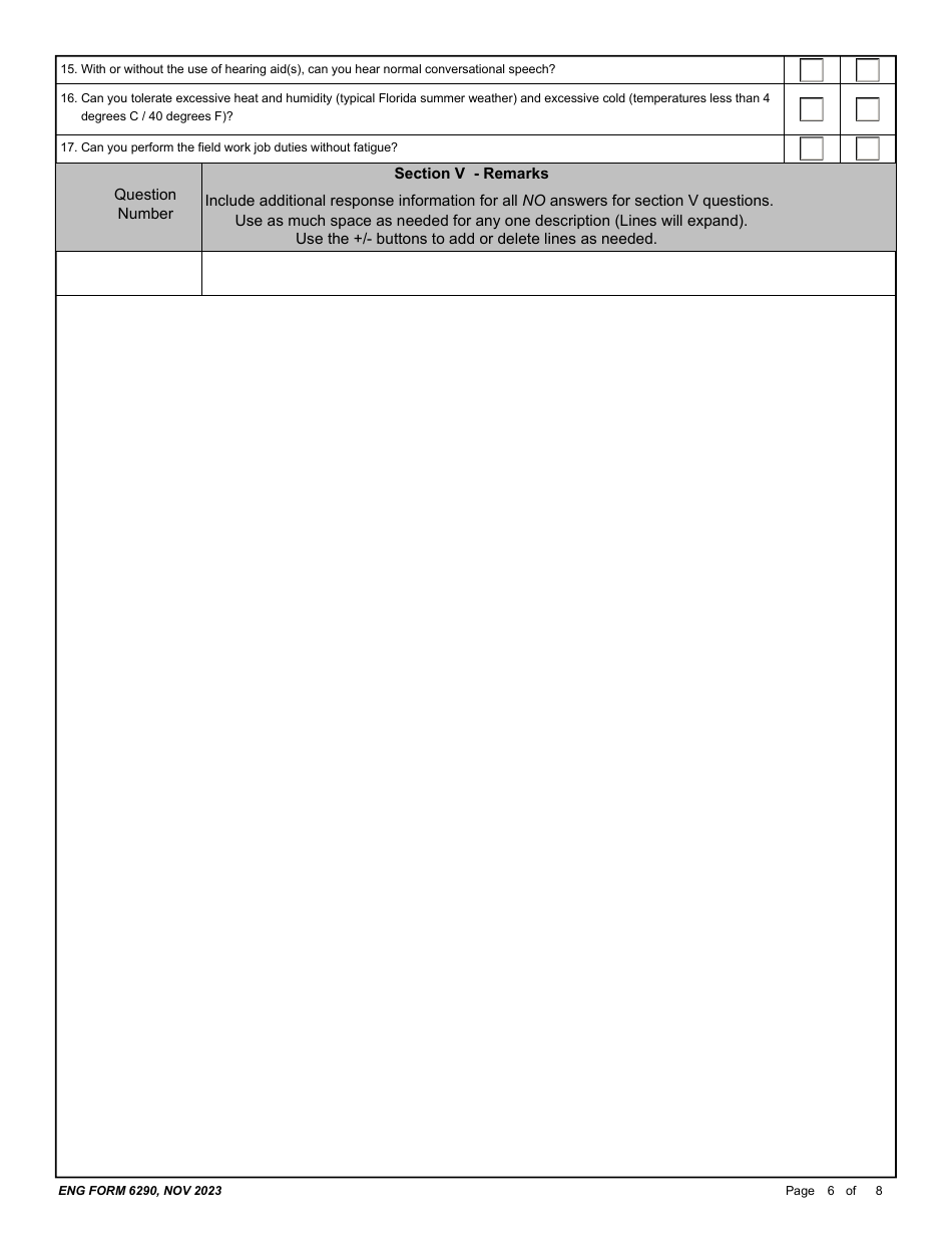ENG Form 6290 Reemployed Annuitant Program (Rap) Medical Questionnaire - Field Version, Page 6