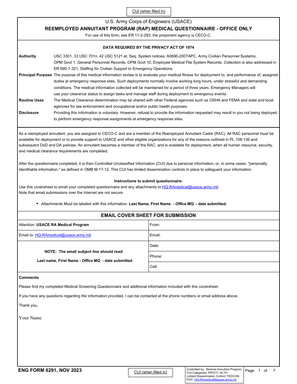 ENG Form 6291 Reemployed Annuitant Program (Rap) Medical Questionnaire - Office Only, Page 1