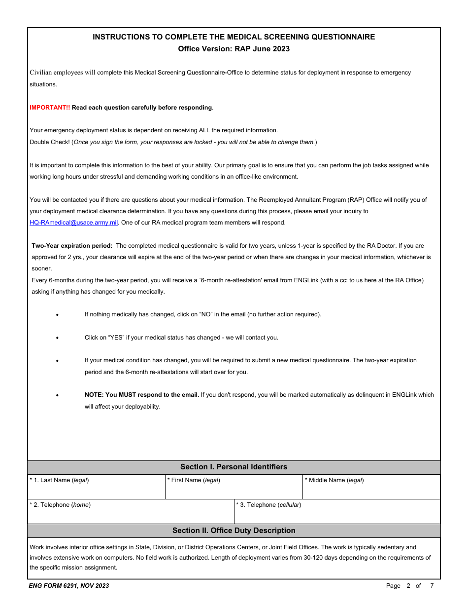 ENG Form 6291 Reemployed Annuitant Program (Rap) Medical Questionnaire - Office Only, Page 2