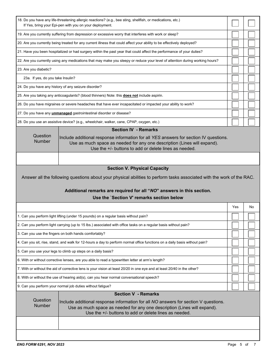 ENG Form 6291 Reemployed Annuitant Program (Rap) Medical Questionnaire - Office Only, Page 5