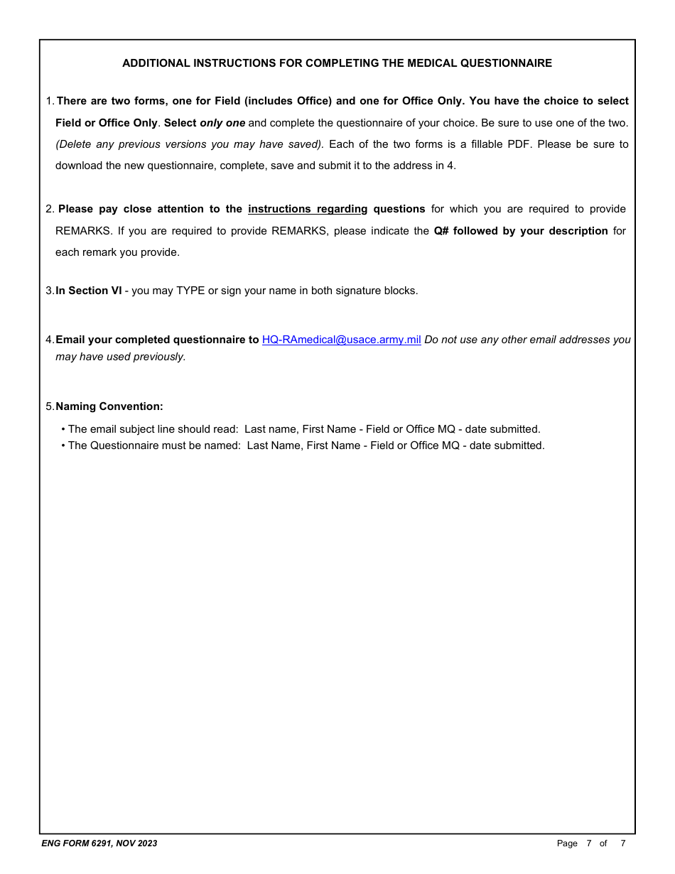 ENG Form 6291 Reemployed Annuitant Program (Rap) Medical Questionnaire - Office Only, Page 7