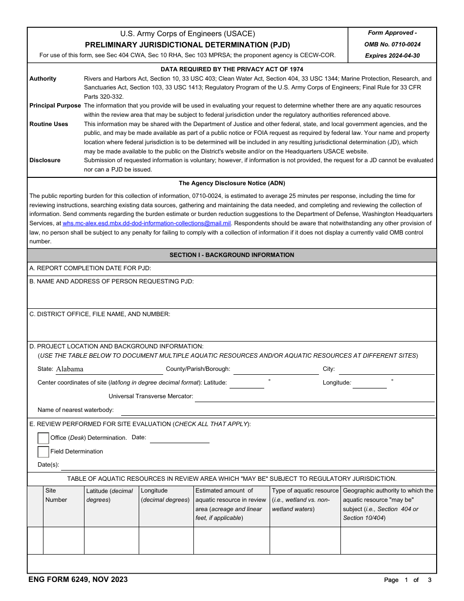 ENG Form 6249 Preliminary Jurisdictional Determination (Pjd), Page 1