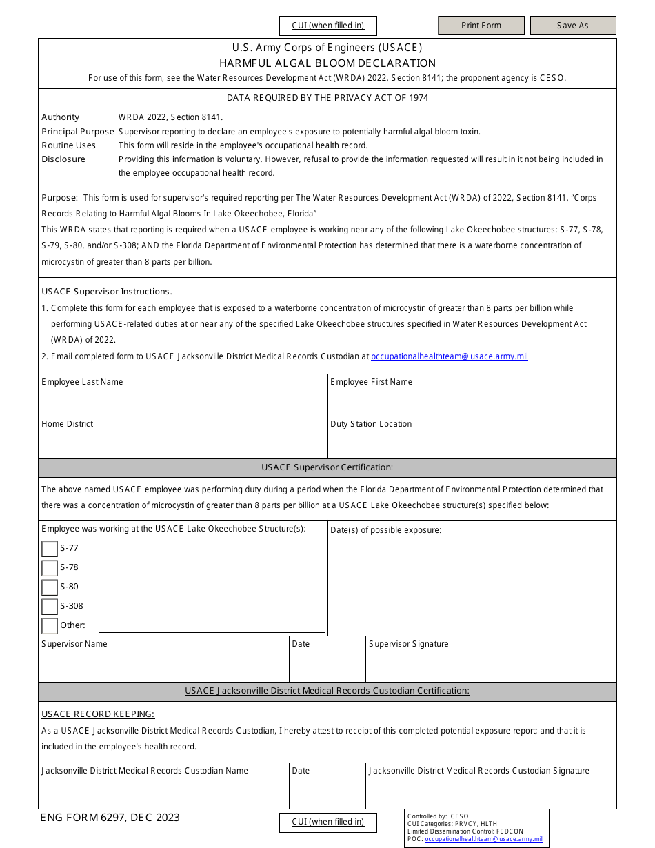 ENG Form 6297 Harmful Algal Bloom Declaration, Page 1