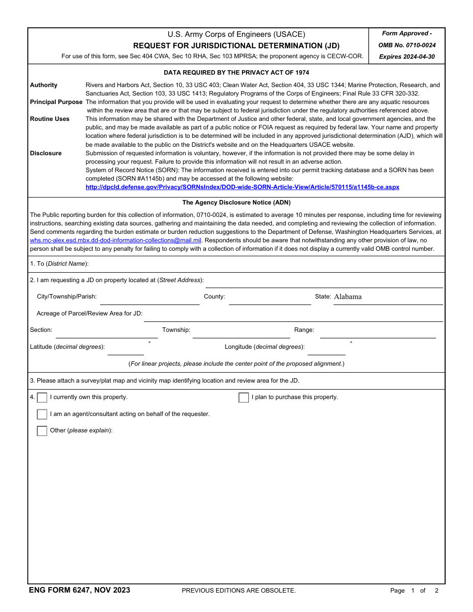 ENG Form 6247 Request for Jurisdictional Determination (Jd), Page 1