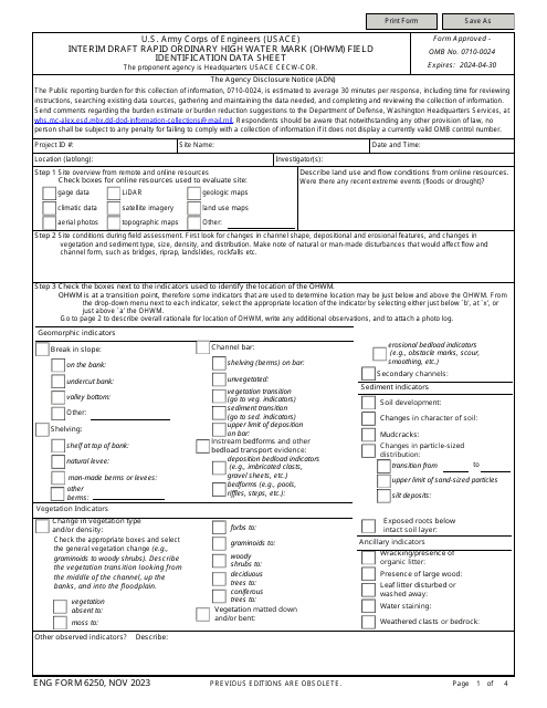 ENG Form 6250 Interim Draft Rapid Ordinary High Water Mark (Ohwm) Field Identification Data Sheet