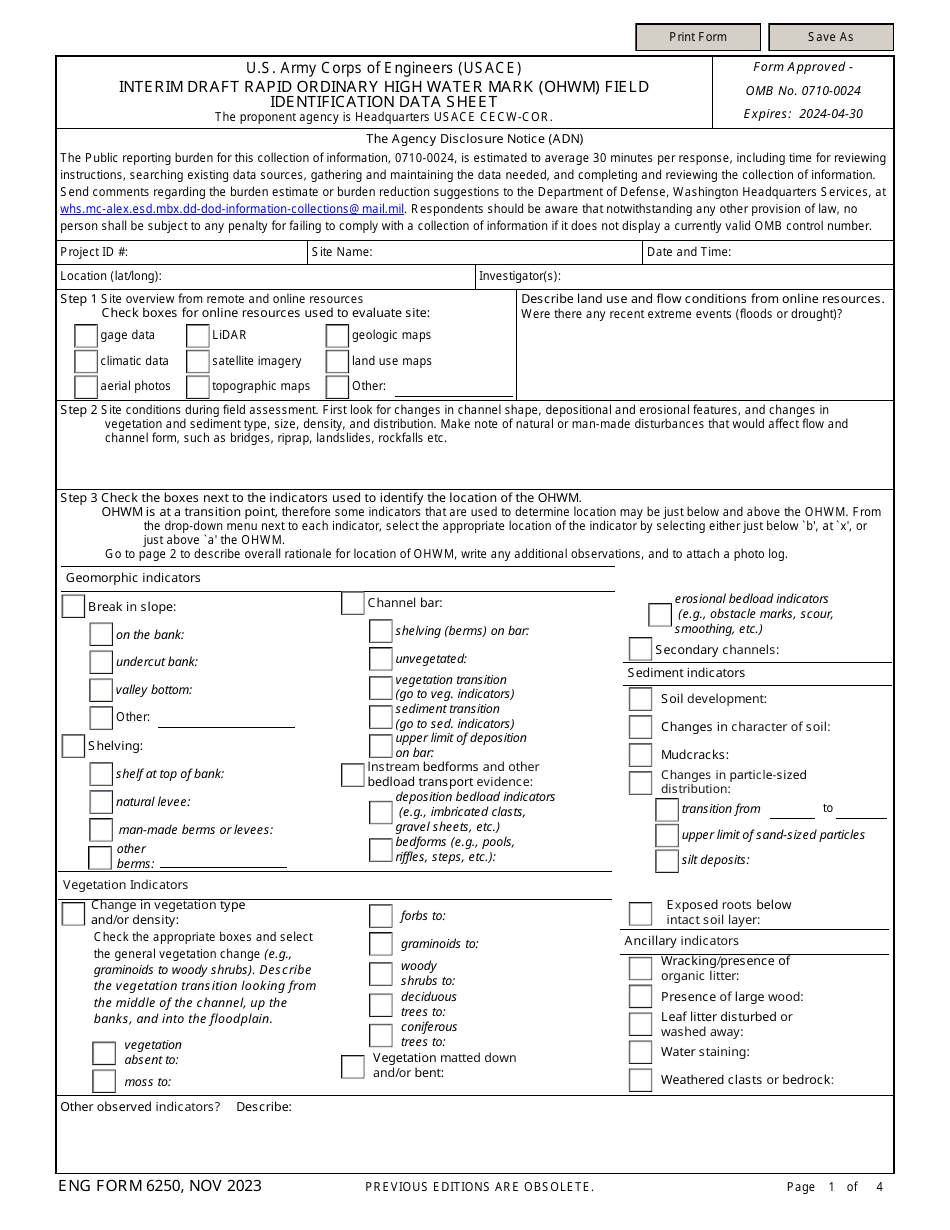 ENG Form 6250 Interim Draft Rapid Ordinary High Water Mark (Ohwm) Field Identification Data Sheet, Page 1